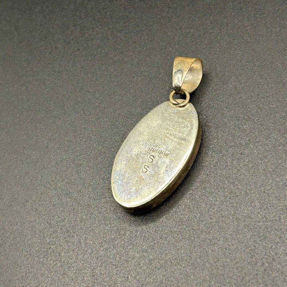 Navajo Turquoise Spiny Oyster Inlay Sterling Silver Stamped Necklace Pendant - Picture 3 of 4